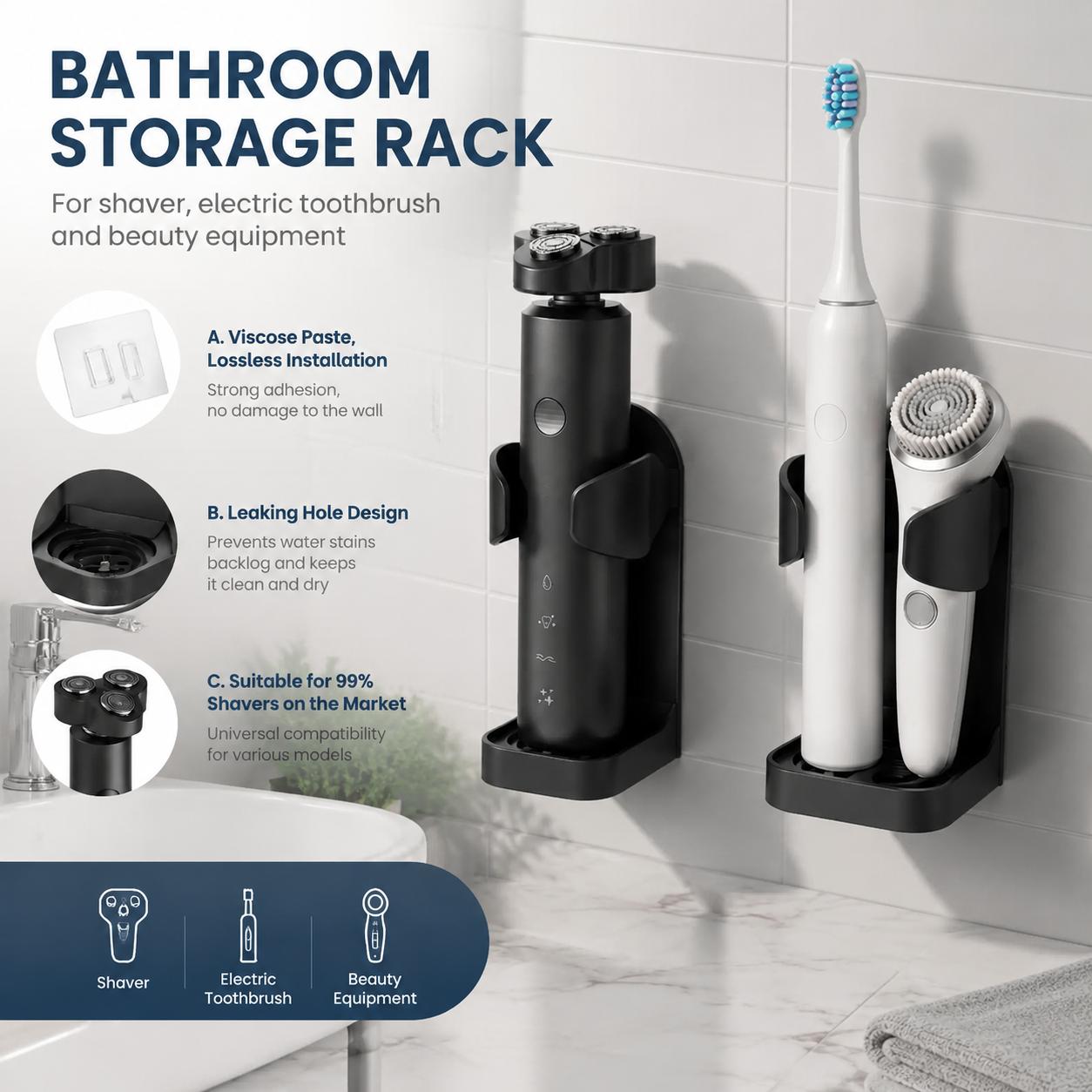 Home Essentials Bathroom Organizer - 自己粘着式ドリル不要防水歯ブラシホルダー壁掛けバスルームオーガナイザー、カミソリスタンド付きシェーバーラック、多機能シャワーアクセサリー、男性女性用、家庭必需品、簡単設置、ドリル不要、防水粘着マウントでしっかり固定