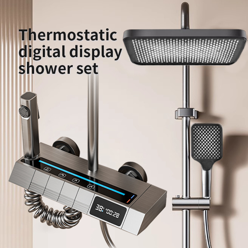 Home And Bathroom - 家庭用バスルーム用恒温デジタルピアノシャワーヘッドセット、グレー、圧力スプレーヘッド