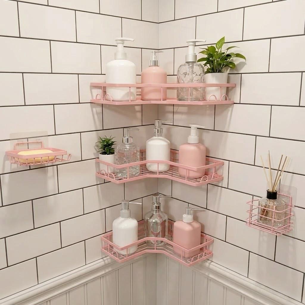 Home Essentials Bathroom Organizer - 5個入り ミニマリスト ピンク シャワーオーガナイザーセット 穴あけ不要 粘着式