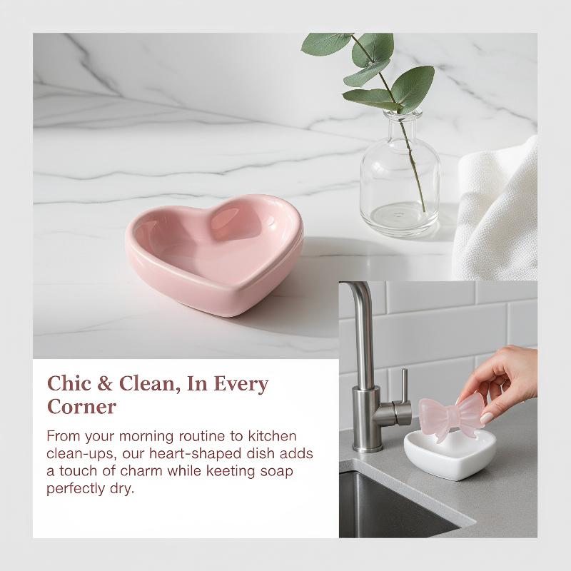 Home Bathroom Sink - かわいいリボンハート型のセラミック製ソープディッシュ、水切り機能付き、バスルームの洗面台やカウンターのトップに置くためのホームデコレーション