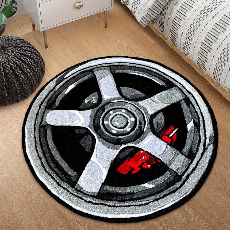 Home Bathroom Door Design - VIKAMA 車のホイールリムデザインラウンドラグソフトぬいぐるみ寝室カーペット滑り止めリビングルームフロアマット自動車愛好家の家の装飾