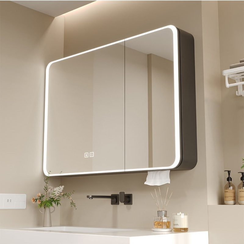 Bathroom Cabinet Mirror - LED浴室ミラーキャビネット アルミ製 丸型 スマート収納 化粧棚 ティッシュスロット