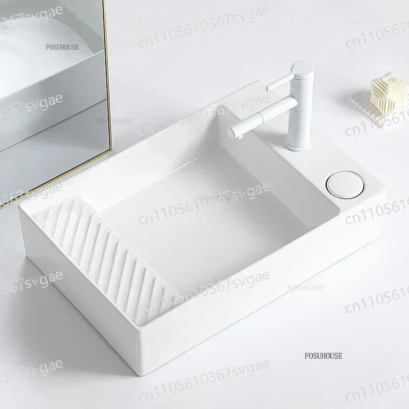 Home Bathroom Sink - 洗面台バルコニー洗濯機用洗面器家庭用セラミックバスルームシンククリエイティブナローアバウトカウンター洗面器サイド排水口