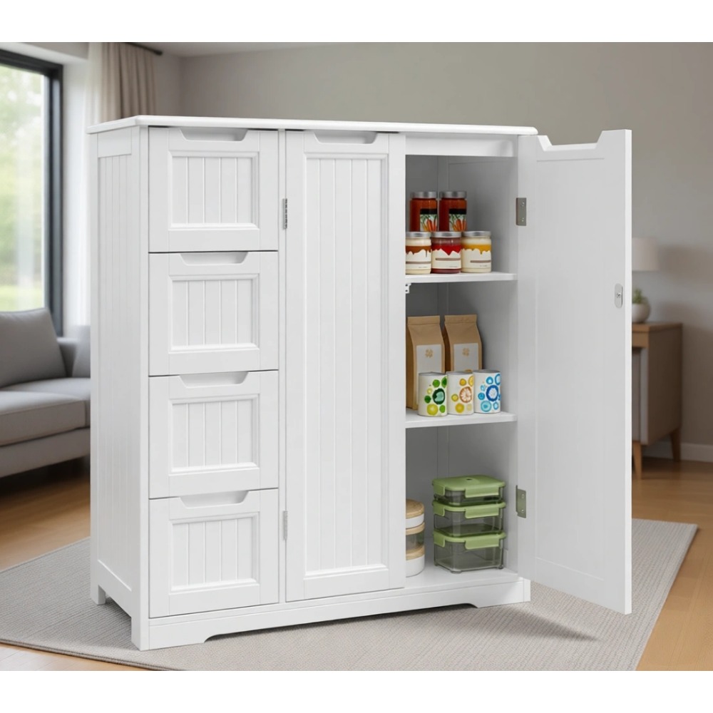Home Essentials Bathroom Cabinet - 4つの引き出しと2つの扉を備えた浴室収納キャビネット | 調整可能な棚、家庭必需品用スペース、ホワイト