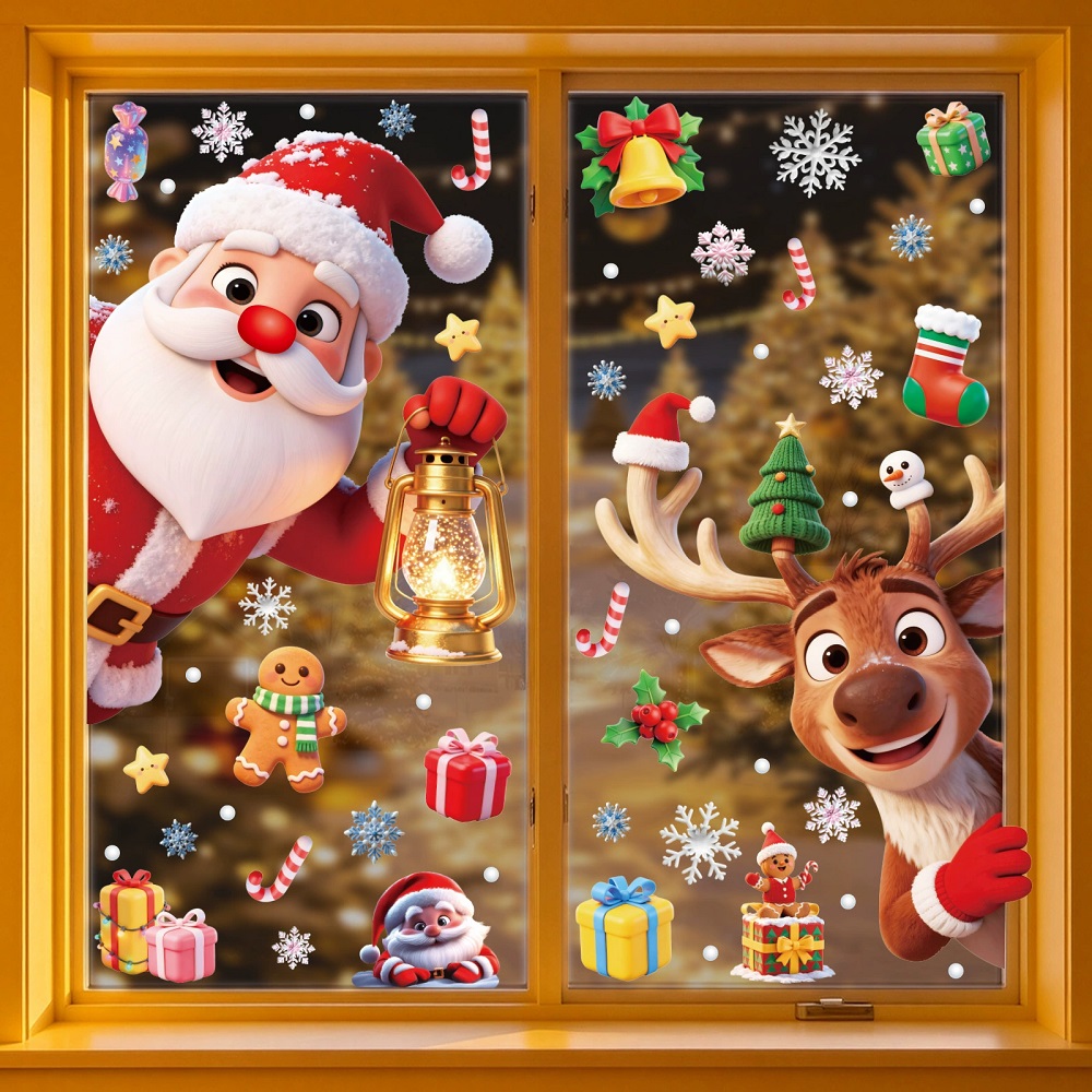Home Bathroom Window - 雪だるまサンタクロースクリスマスウィンドウステッカー装飾ホームオフィスショッピングモールショーケースクリスマスデコレーション静電気吸着デカール