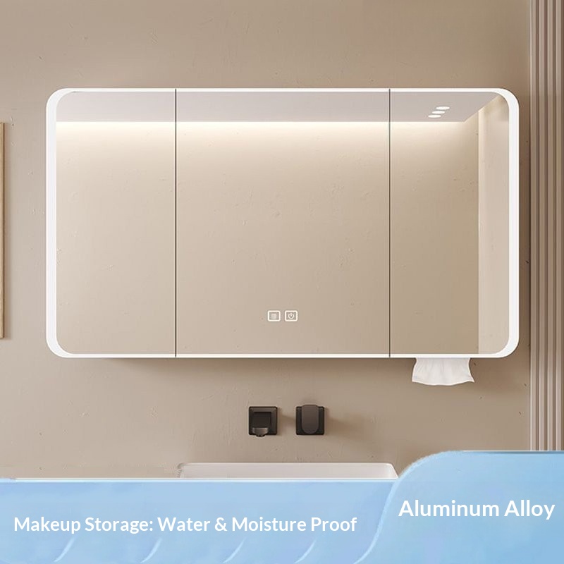 Bathroom Cabinet Mirror - LEDスマートバスルームミラーキャビネット壁掛け曇り止めメイクアップ収納航空宇宙アルミニウム製丸型厚型バスルームミラー