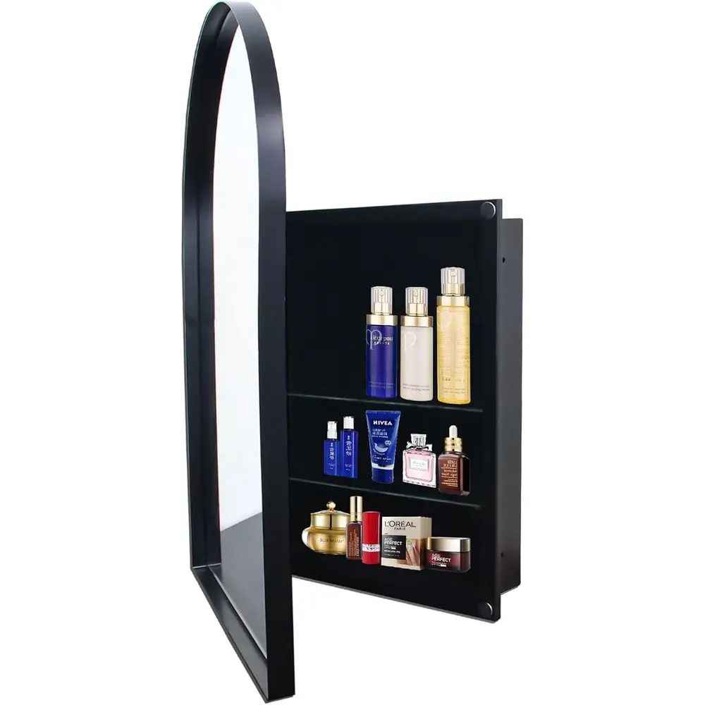 Bathroom Cabinet Mirror - アーチ型壁掛け薬棚、ミラー付き、マットブラック、調節可能な棚、24x36インチのバスルーム収納