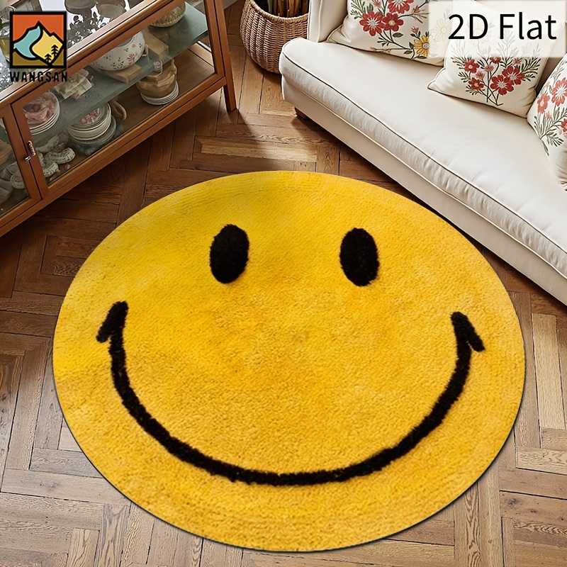 Home Bathroom Door Design - 2Dラウンドフランネルラグ スマイルフェイスデザイン ソフトフロアマット ホームデコレーション キッズルーム プレイエリア