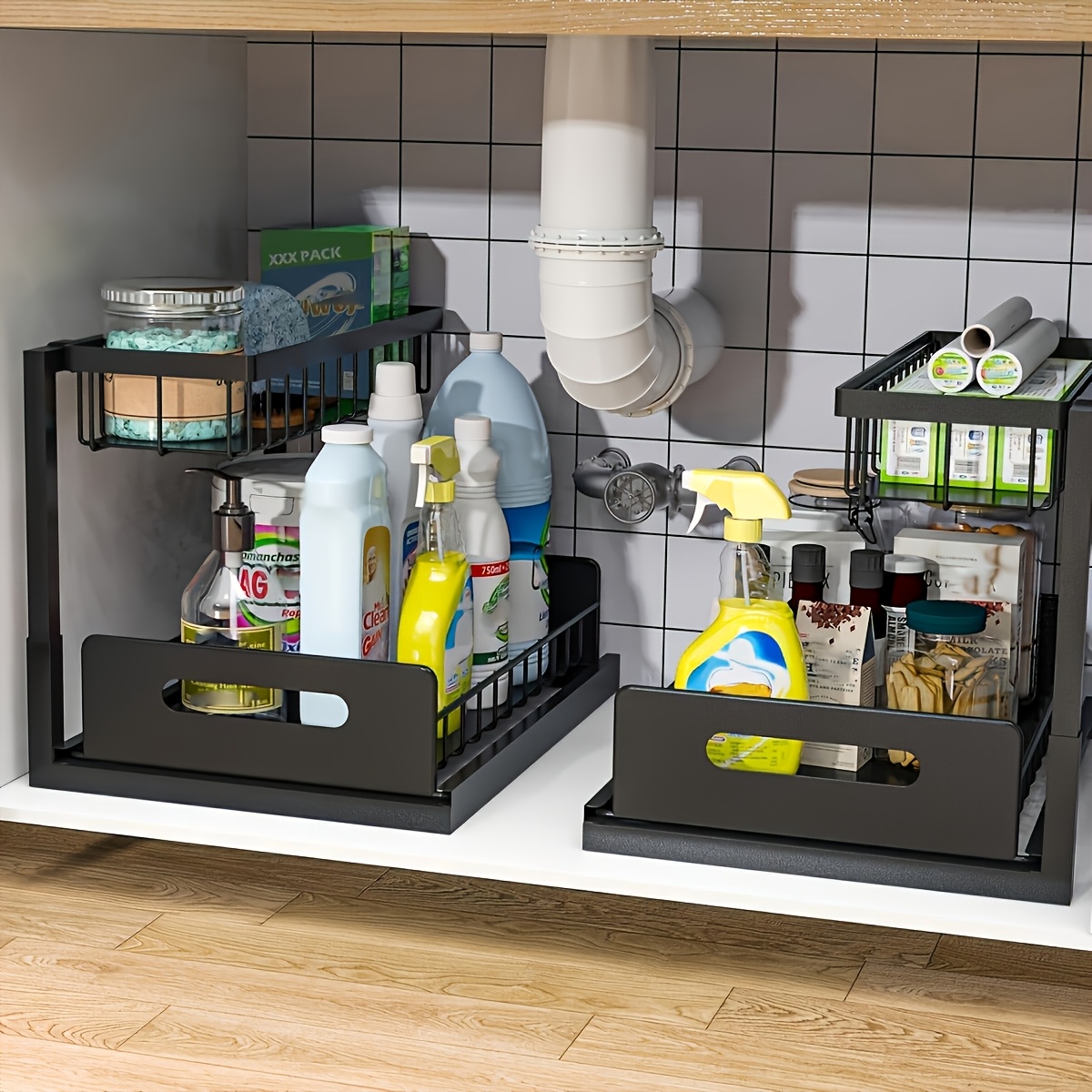 Home Essentials Bathroom Cabinet - シンク下キッチン収納ラックセット - バスルーム、パントリー、キャビネット用のスライド式メタル引き出しオーガナイザー 家庭用必需品