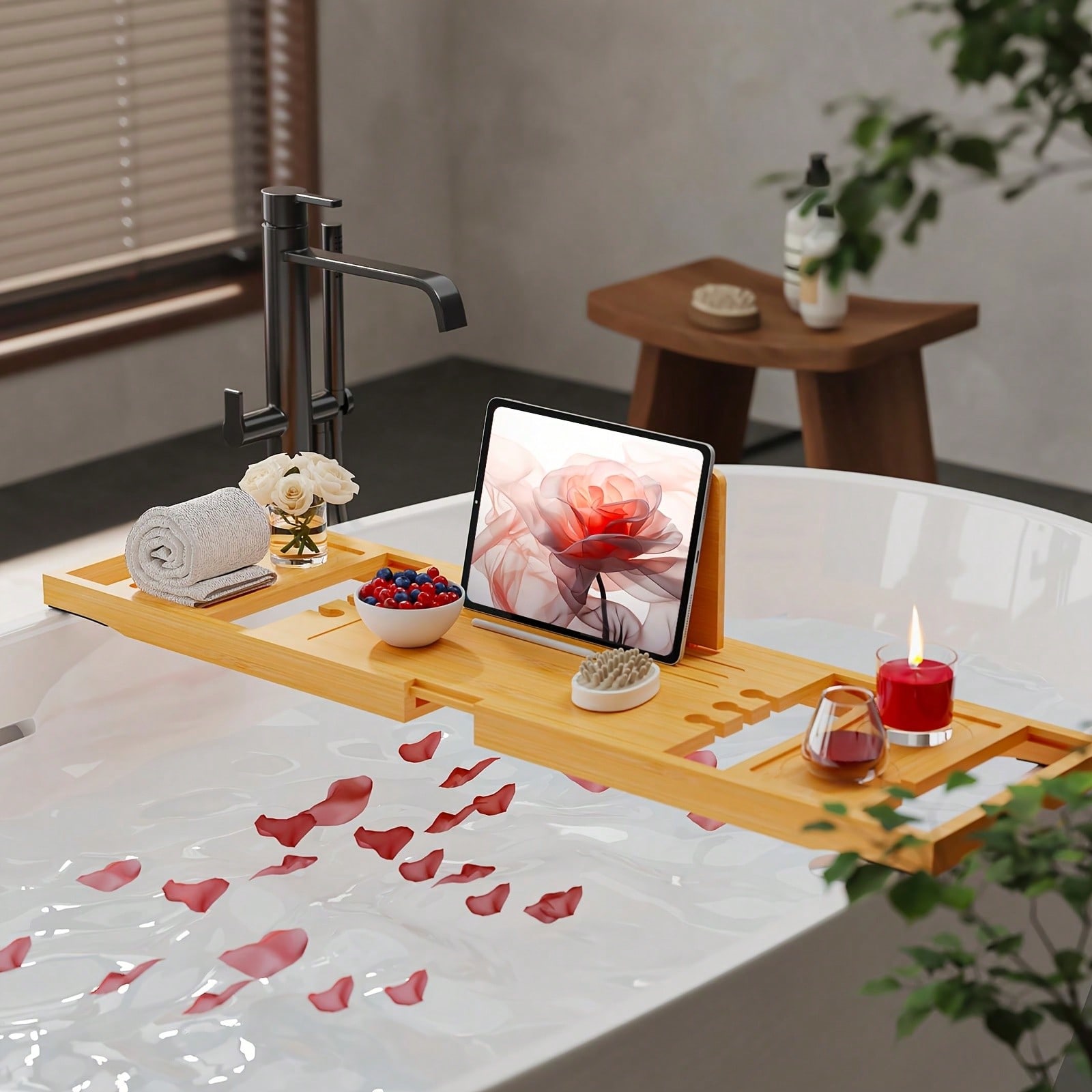 Home Essentials Bathroom Organizer - 竹製バスタブキャディトレイ、タブレット、ドリンク、タオル用の拡張可能なオーガナイザー、バスルームスパに最適、拡張可能な竹製バスタブトレイ、バス用品用の多機能オーガナイザー、家庭用バスルームでのリラックスに最適、素朴な竹製デザイン