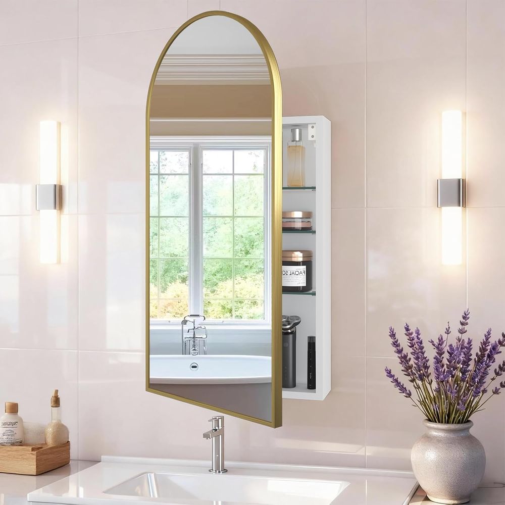 Bathroom Cabinet Mirror - 豪華なアーチ型ゴールドの浴室用薬棚（鏡付き）、DIY愛好家に最適、収納付き浴室鏡、鏡付き薬棚