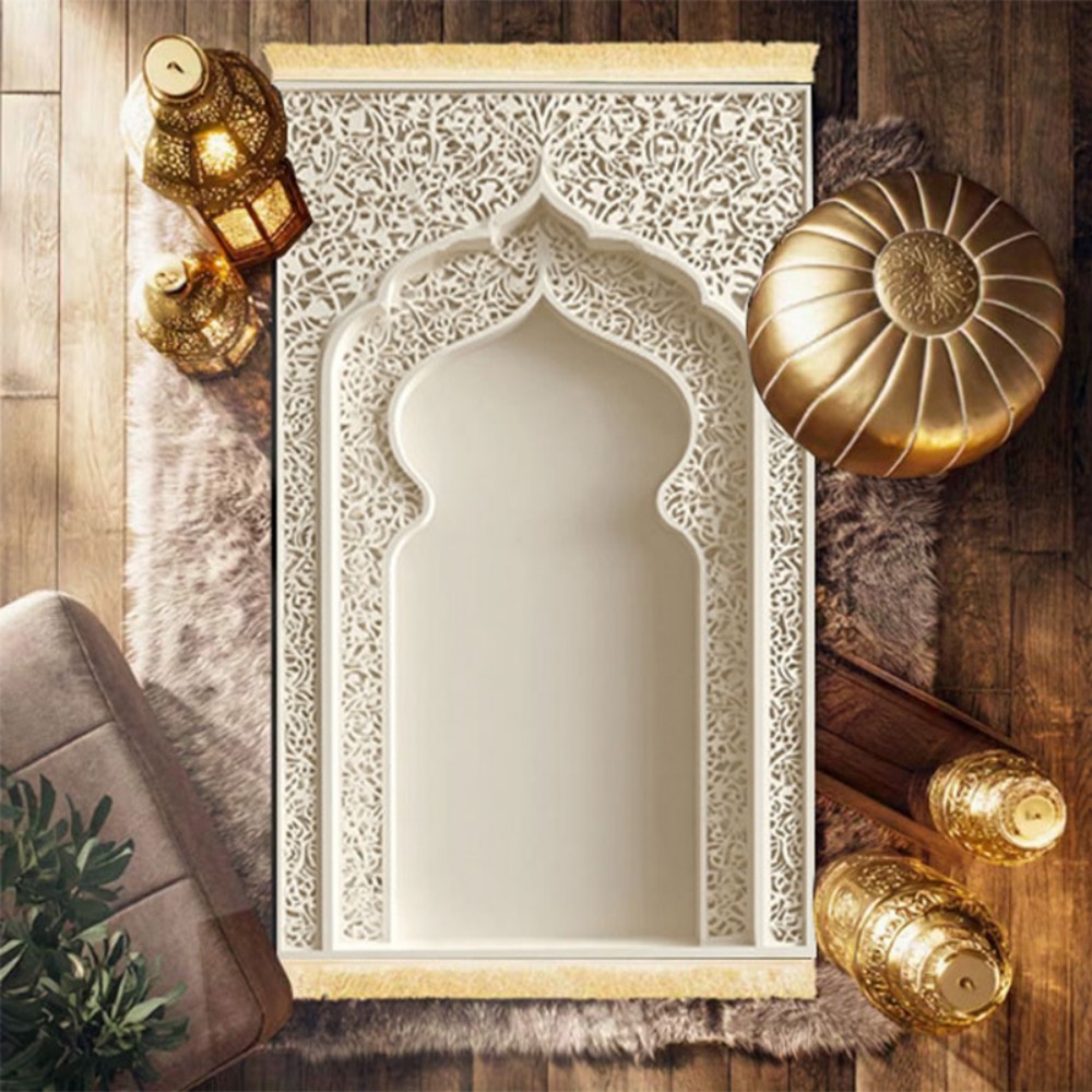 Home Bathroom Door Design - VIKAMA イスラム教の祈りのための絨毯、白い豪華なエンボス加工のアーチデザイン、洗える折りたたみ式旅行用マット、イード・サラハの礼拝用カーペット