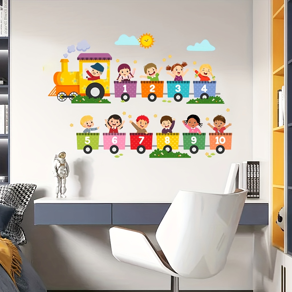 Home One Bathroom - 2枚のカラフルな教育用デジタルトレイン漫画ウォールステッカー、自己粘着性PVCホームデコレーションDIYステッカー、教室、勉強部屋、キャビネット、リビングルーム、寝室、ダイニングルーム、バスルーム、玄関、ドアや窓、壁のデコレーションに最適、温かく楽しい空間を簡単に作成、家族、友人、愛する人への創造的で心のこもった贈り物。