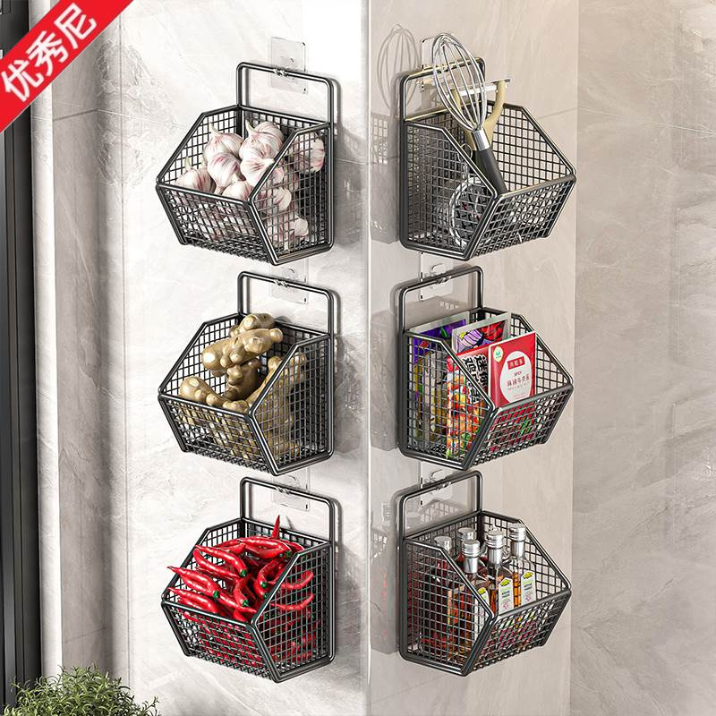 Home Essentials Bathroom Organizer - 壁掛け式キッチン収納ボックス ニンニク・玉ねぎ・生姜ホルダー ステンレス製 浴室オーガナイザー 家庭必需品 穴あけ不要
