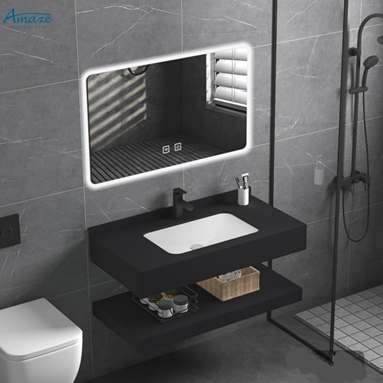 Home Bathroom Vanity - バスルームキャビネット耐久性のある二層式壁掛けバスルーム洗面台家具カウンタートップ手洗いシンク焼結石カラエッタW