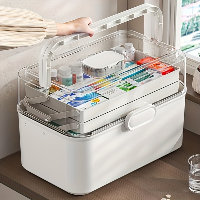 Home Bathroom Supplies - 大容量透明蓋付き薬収納ボックス/ディスペンサーボックス - プラスチック製薬品収納キャビネット、家庭、オフィス、キッチン、バスルーム、寝室用多目的オーガナイザーボックス - 薬や事務用品用の省スペースカウンタートップオーガナイザー -