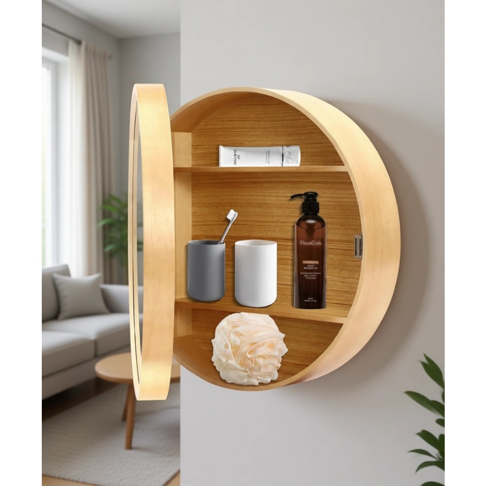 Bathroom Cabinet Mirror - 浴室必需品用3段収納付き二重目的壁掛け木製ミラーキャビネット