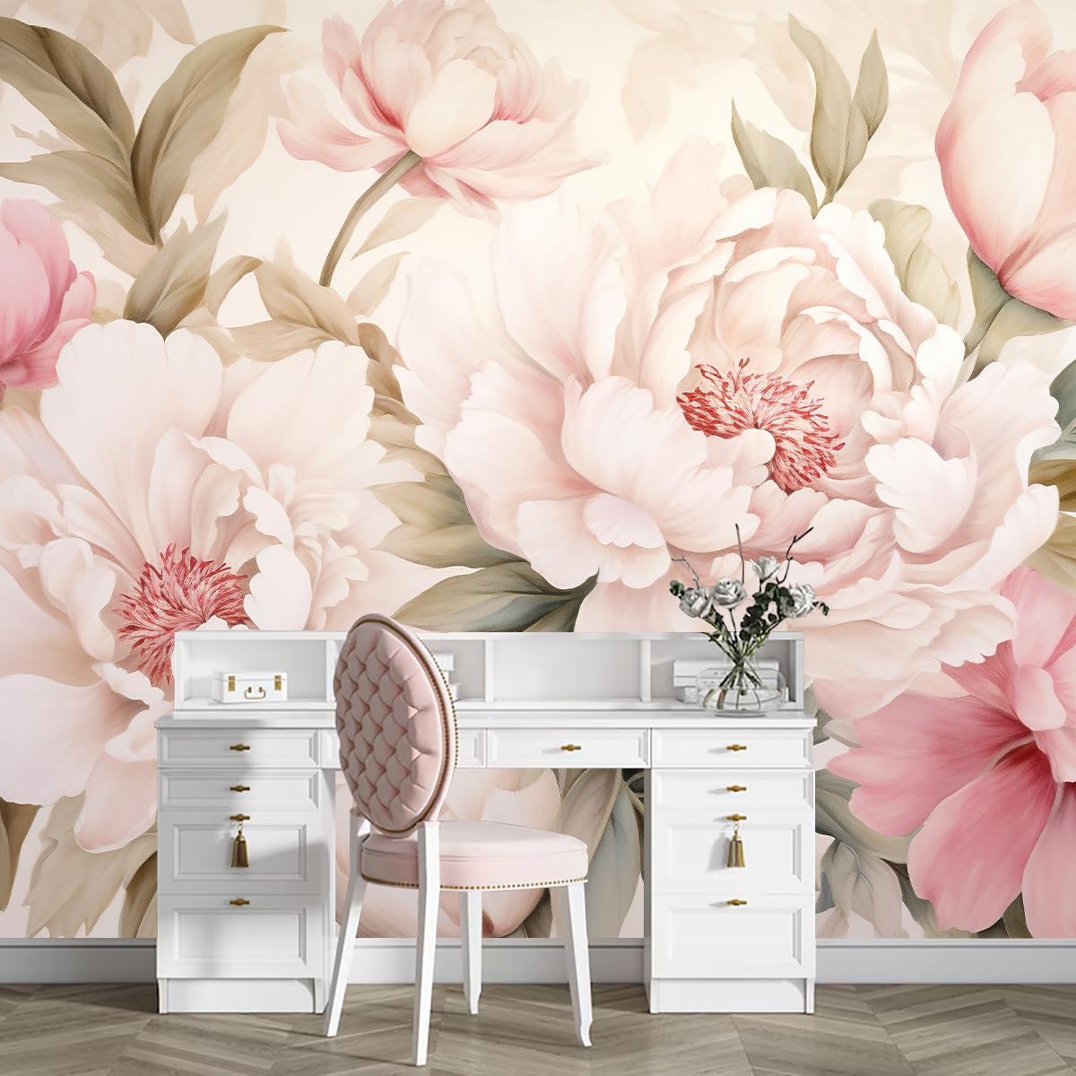 Home Bathroom Vanity - エレガントな牡丹の花柄壁画壁紙化粧台デスクメイクアップテーブルセット、ロマンチックな寝室、バスルームの装飾に