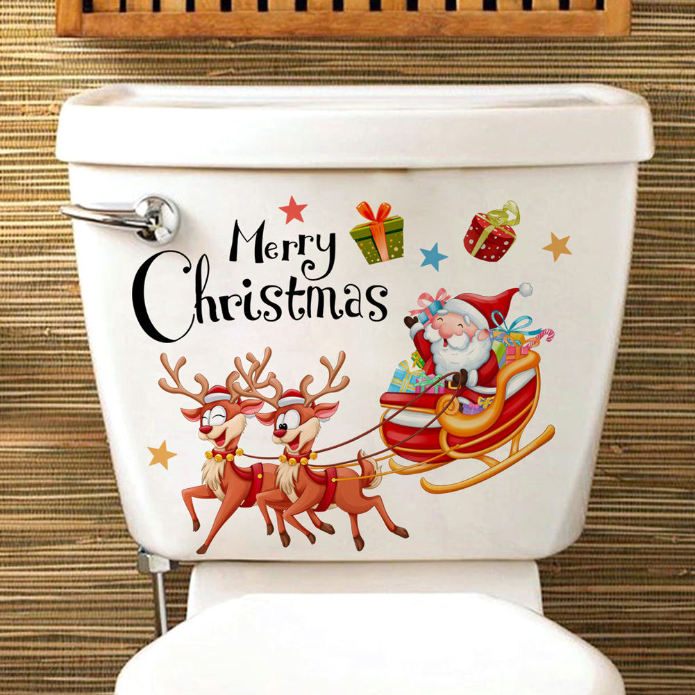 Home Of The Year Bathroom - サンタクロース鹿馬車ウォールステッカークリスマス浴室装飾壁画新年トイレ家の装飾自己粘着デカール
