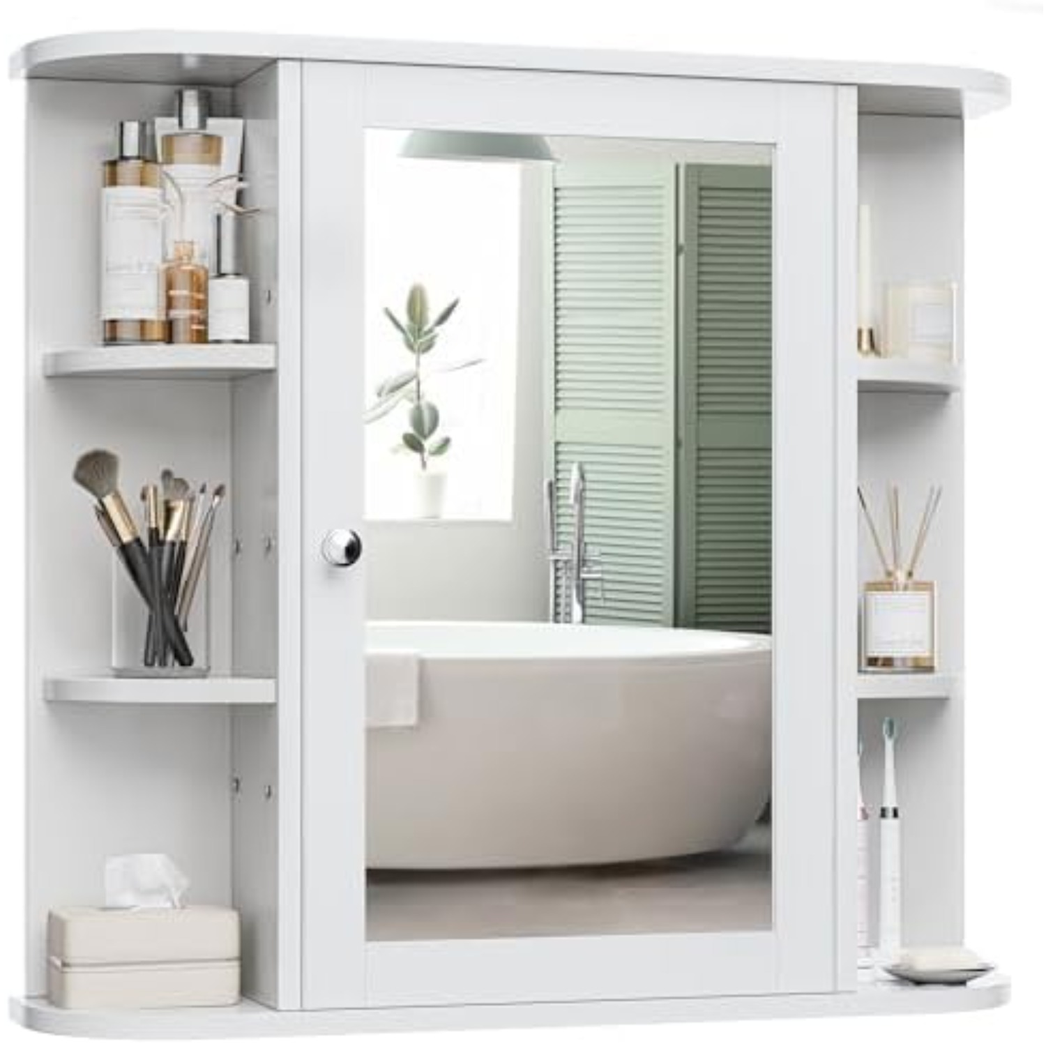 Bathroom Cabinet Mirror - バスルーム薬棚、バスルームミラーキャビネット、壁掛け式、6つの側面が開く棚付き、白い壁掛けキャビネット