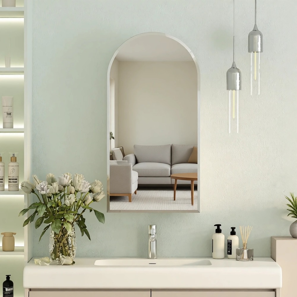 Bathroom Cabinet Mirror - アーチ型埋め込み式薬棚（鏡付き、ガラス棚3枚、浴室壁用）