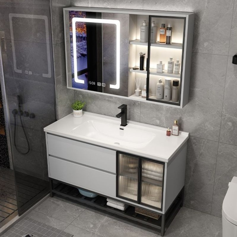 Bathroom Cabinet Mirror - 軽量高級石板製浴室キャビネットセット、無垢材洗面台キャビネット、洗面台、スマートミラーキャビネット