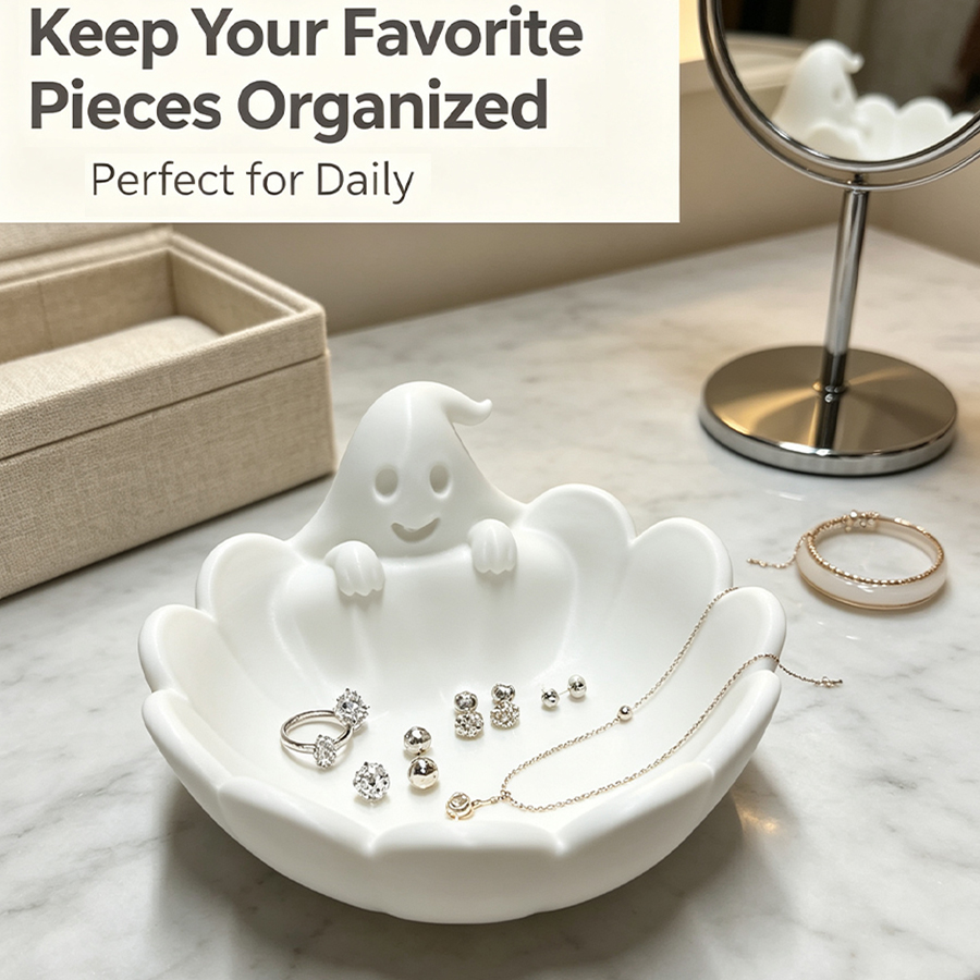 Home Essentials Bathroom Organizer - マットホワイトの3Dキュートなゴースト型ジュエリートレイ、ゴーストフェイスのディテール、スカラップ型のエッジ、滑り止めデザイン、ジュエリーディッシュ、リング、イヤリング、ネックレス用の多機能オーガナイザー、小さなジュエリーのディスプレイと収納トレイ、ドレッシングテーブル、ベッドサイドテーブル、玄関、バスルーム、デスクトップの雑貨収納に最適な万能トレイ、北欧ミニマリストスタイル、ソフトマット仕上げ、滑らかでエレガントな質感、毎日のジュエリー収納と朝の必需品トレイ、自宅寝室のドレッシングテーブルデコレーション。