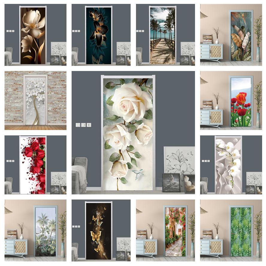 Home Bathroom Door Design - 白バラの花の壁紙ドア自己粘着ホームデザインドアカバー寝室の浴室の装飾ドアポスターウォールステッカー
