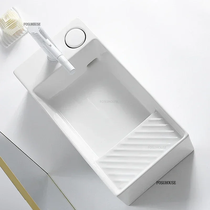 洗面台バルコニー洗濯機用洗面器家庭用セラミックバスルームシン - Home Bathroom Sink のレビューと価格