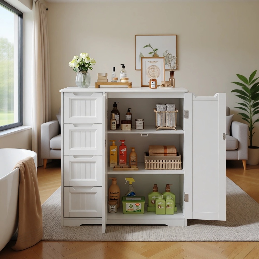 4つの引き出しと2つの扉を備えた浴室収納キャビネット |   - Home Essentials Bathroom Cabinet のレビューと価格