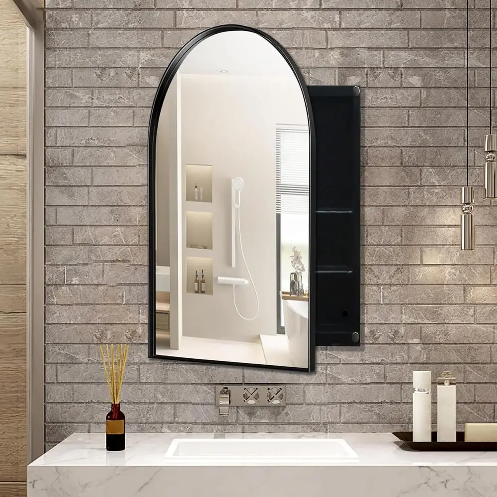 アーチ型壁掛け薬棚、ミラー付き、マットブラック、調節可能な棚 - Bathroom Cabinet Mirror のレビューと価格