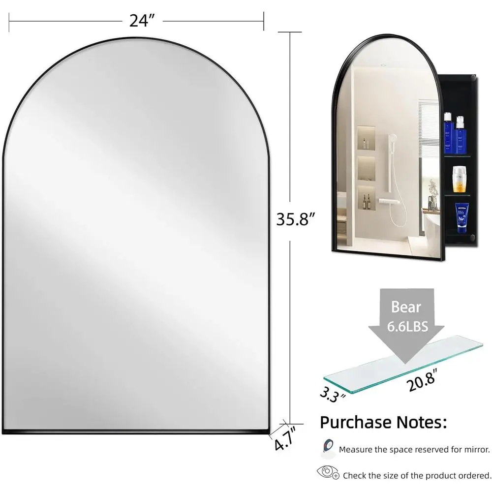 アーチ型壁掛け薬棚、ミラー付き、マットブラック、調節可能な棚 - Bathroom Cabinet Mirror のレビューと価格