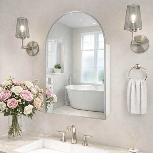 24x36インチ アーチ型バスルームミラー 薬箱付き、ブラッ - Bathroom Cabinet Mirror のレビューと価格