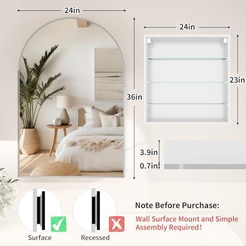 24x36インチ アーチ型バスルームミラー 薬箱付き、ブラッ - Bathroom Cabinet Mirror のレビューと価格