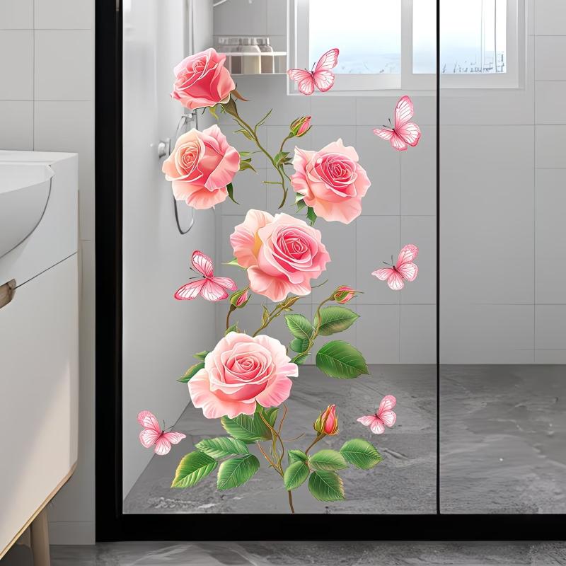 取り外し可能なローズガラスステッカー 浴室ドア用接着剤 エレ - Home Bathroom Window のレビューと価格