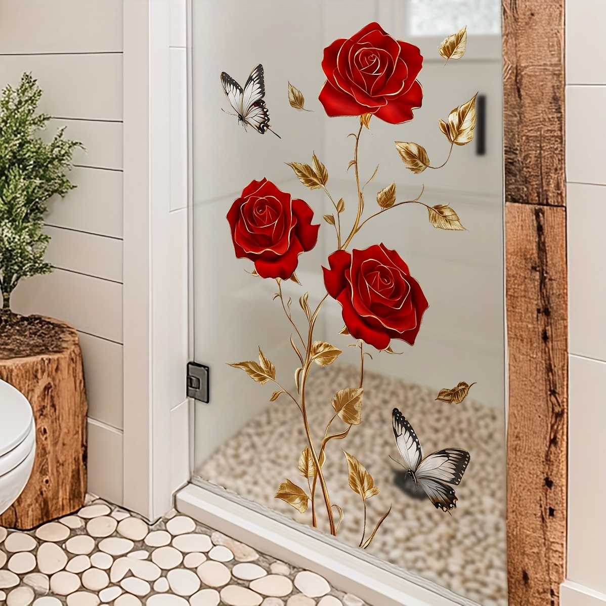 1枚入りの魅力的でロマンチックな赤いバラと蝶の窓と壁用ステッ - Home One Bathroom のレビューと価格