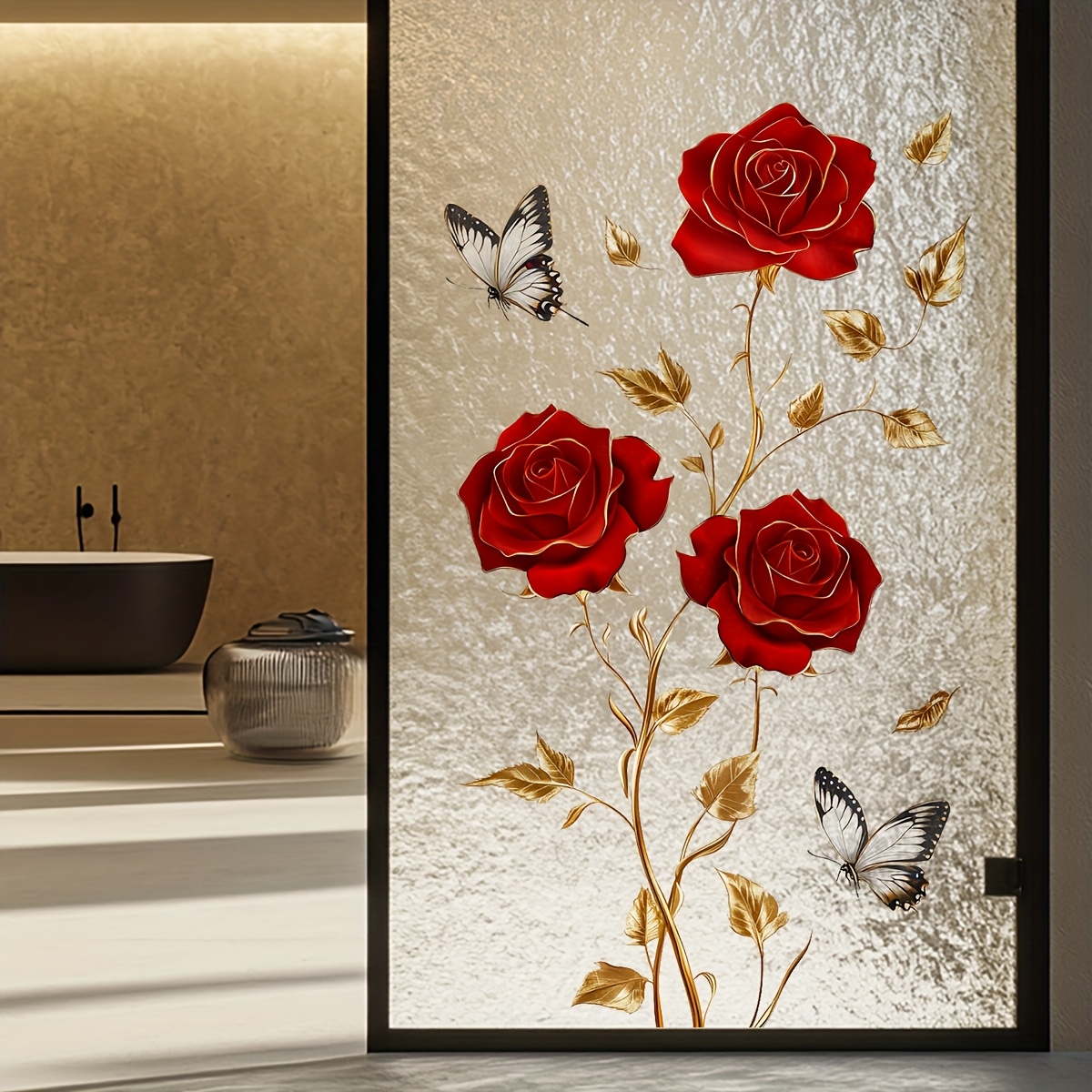 1枚入りの魅力的でロマンチックな赤いバラと蝶の窓と壁用ステッ - Home One Bathroom のレビューと価格