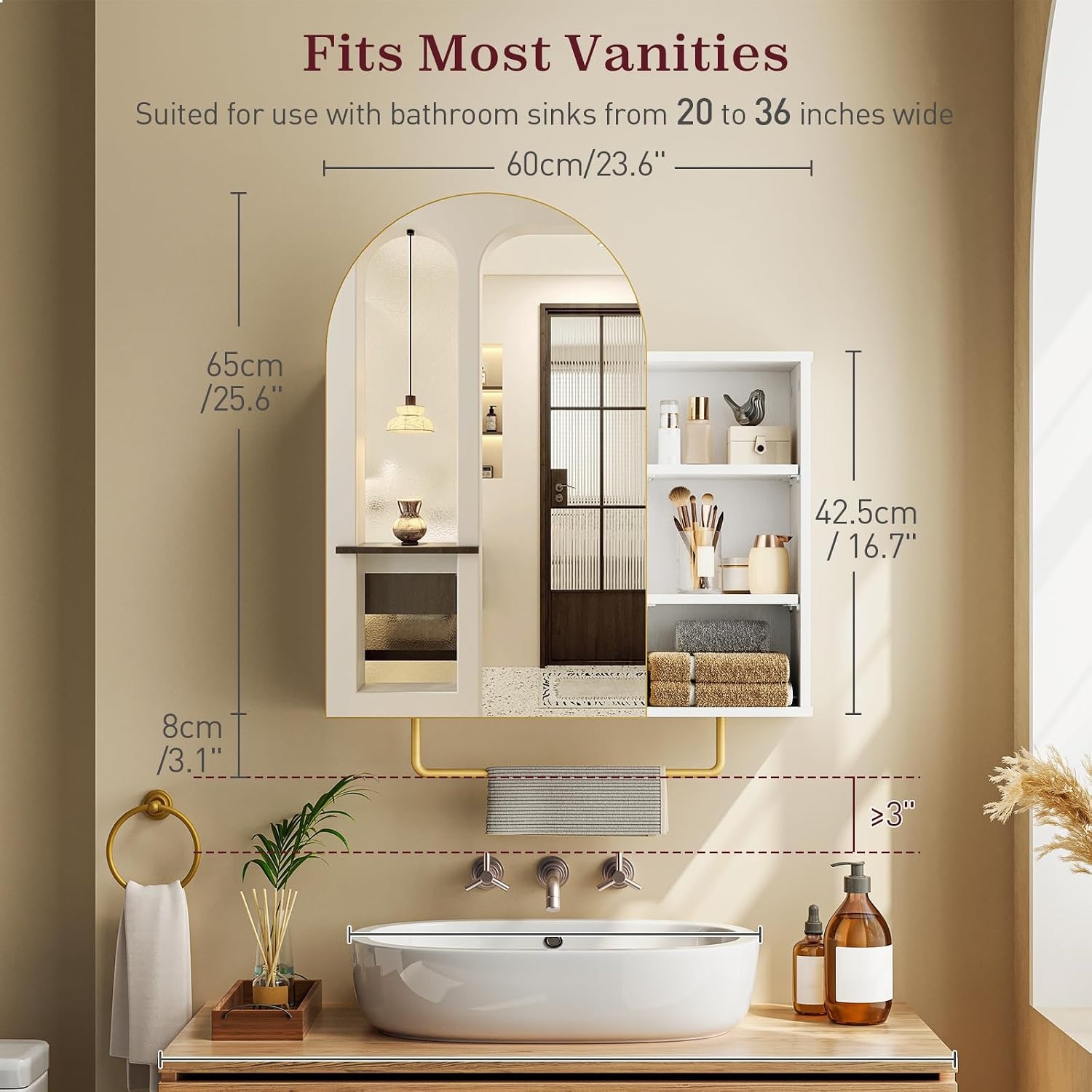 浴室薬棚付きミラー、収納付き、24 x 29インチのアーチ型 - Bathroom Cabinet Mirror のレビューと価格