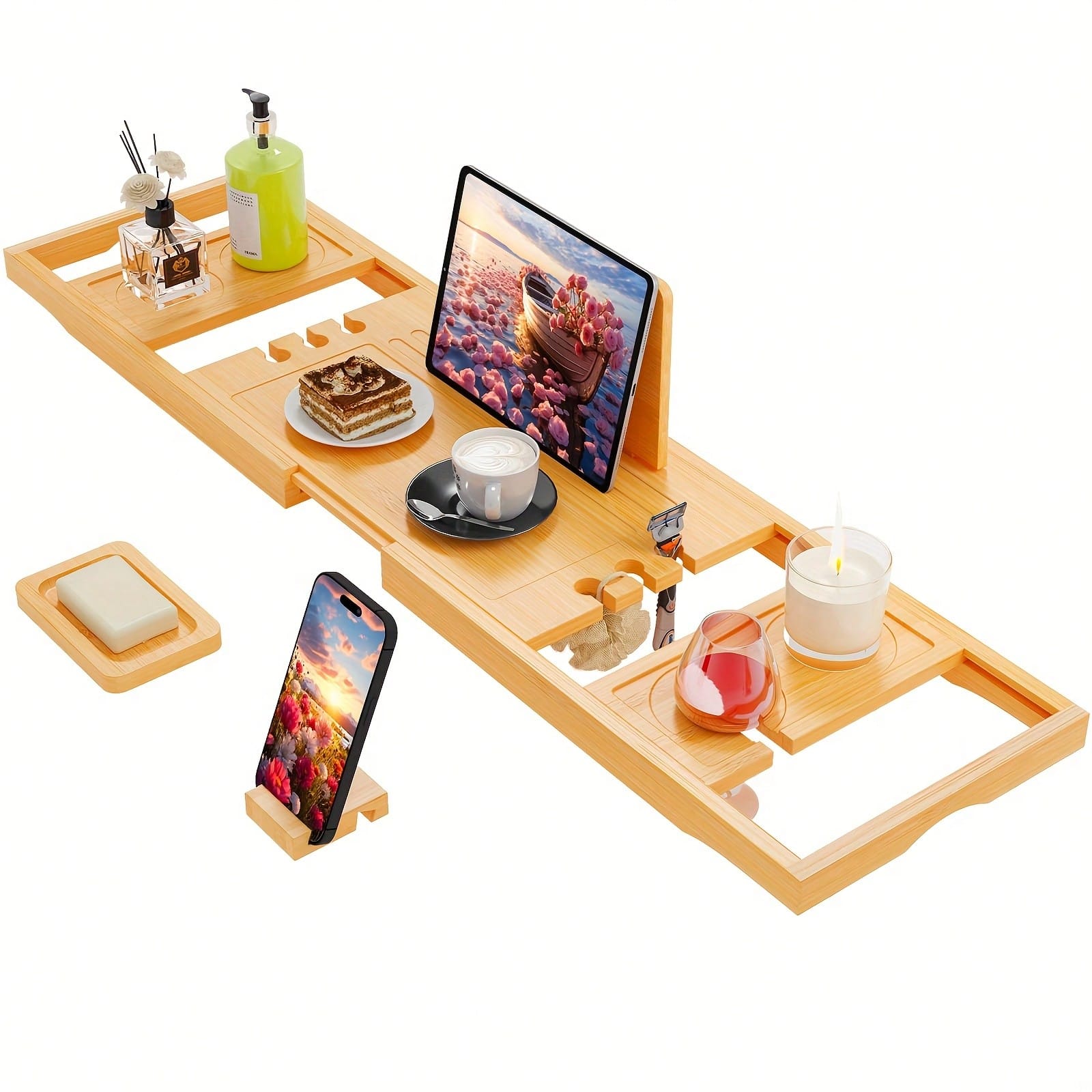 竹製バスタブキャディトレイ、タブレット、ドリンク、タオル用の - Home Essentials Bathroom Organizer のレビューと価格