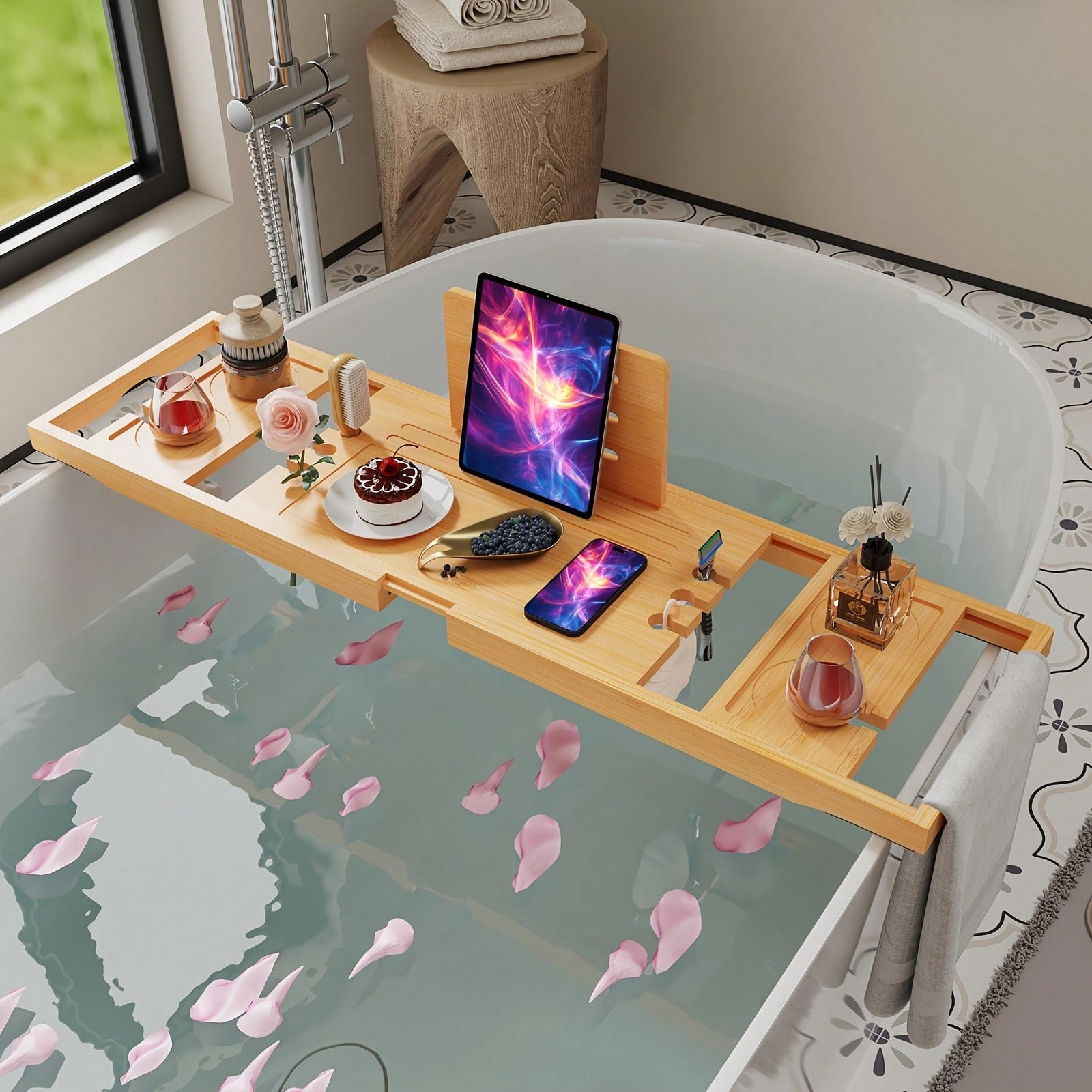 竹製バスタブキャディトレイ、タブレット、ドリンク、タオル用の - Home Essentials Bathroom Organizer のレビューと価格