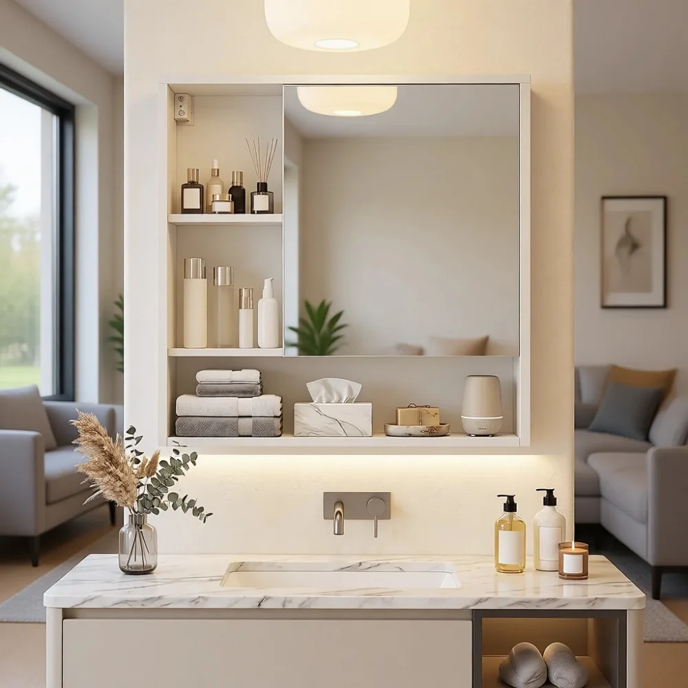 壁掛け式バスルームミラーキャビネット、収納棚とオープンコンパ - Bathroom Cabinet Mirror のレビューと価格