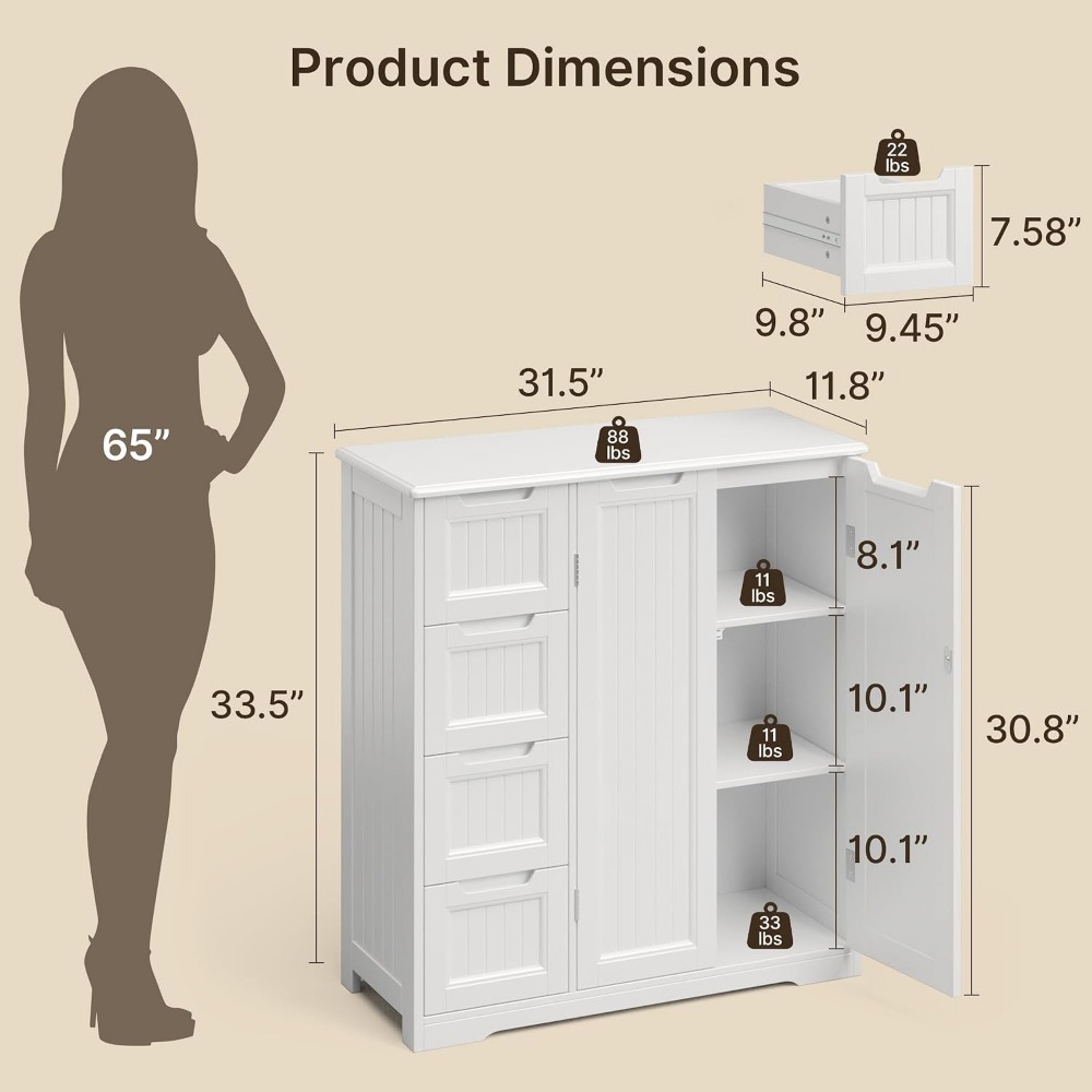 4つの引き出しと2つの扉付きのバスルーム収納キャビネット | - Home Essentials Bathroom Cabinet のレビューと価格