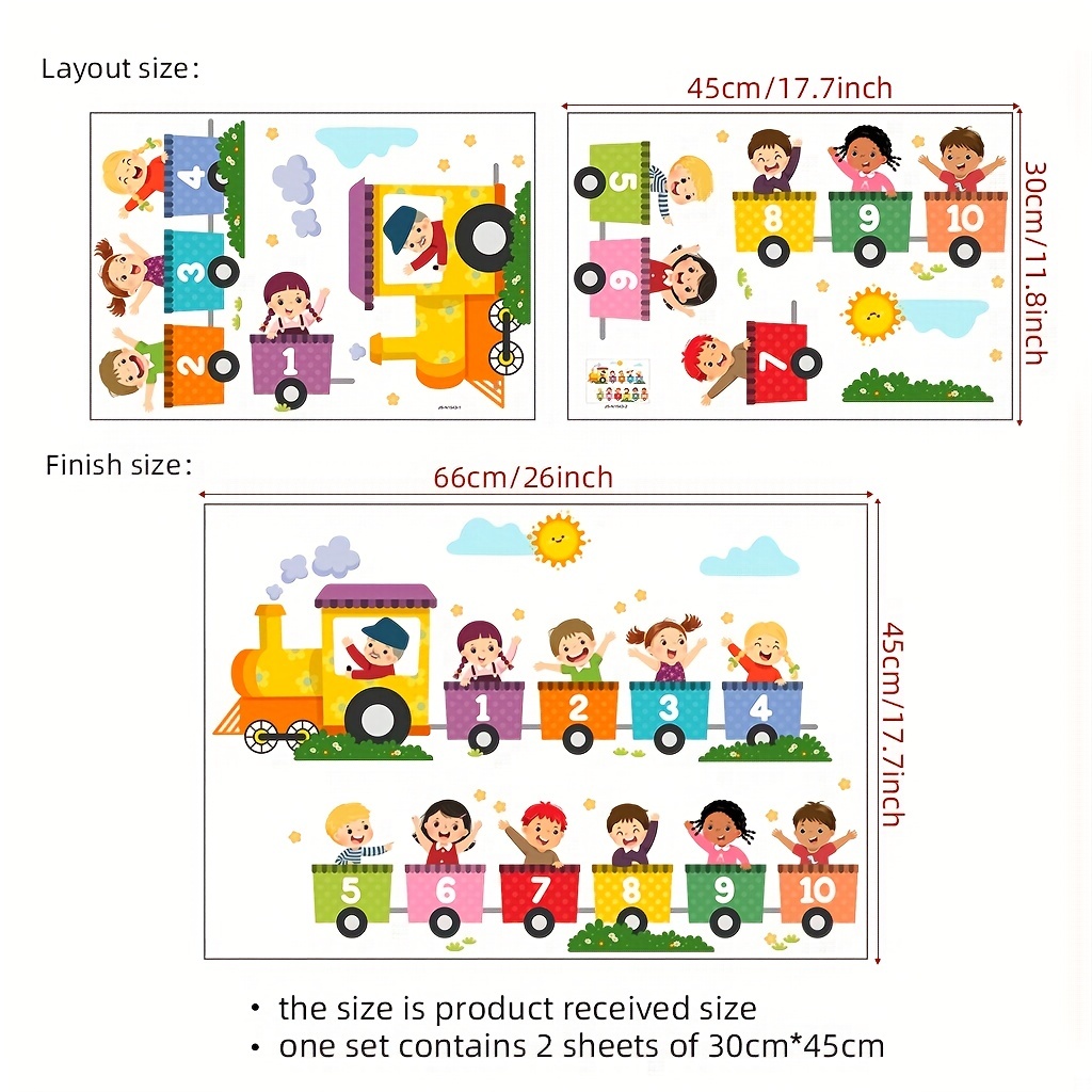 2枚のカラフルな教育用デジタルトレイン漫画ウォールステッカー - Home One Bathroom のレビューと価格