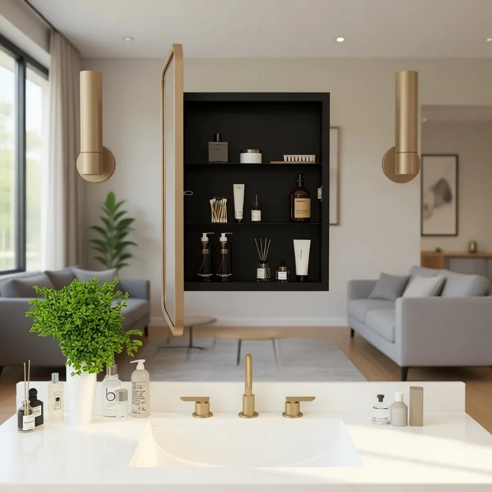 16x24インチの埋め込み式薬棚、ゴールドフレーム、防錆・省 - Bathroom Cabinet Mirror のレビューと価格