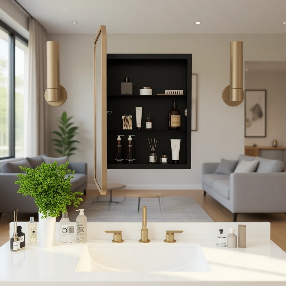 16x24インチの埋め込み式薬棚、ゴールドフレーム、防錆・省 - Bathroom Cabinet Mirror のレビューと価格