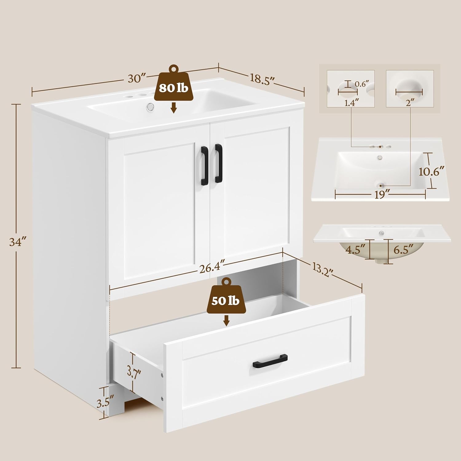 30インチのバスルーム用洗面台、セラミック製洗面器付き自立型 - Home Bathroom Sink のレビューと価格