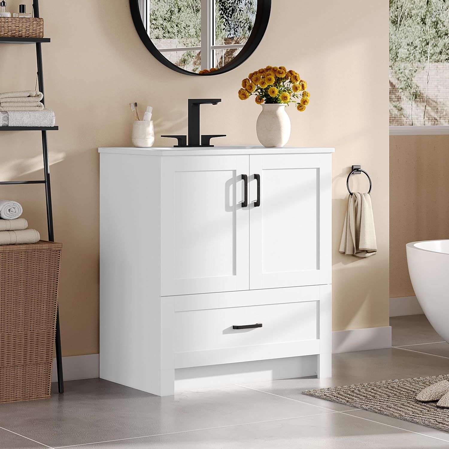 30インチのバスルーム用洗面台、セラミック製洗面器付き自立型 - Home Bathroom Sink のレビューと価格
