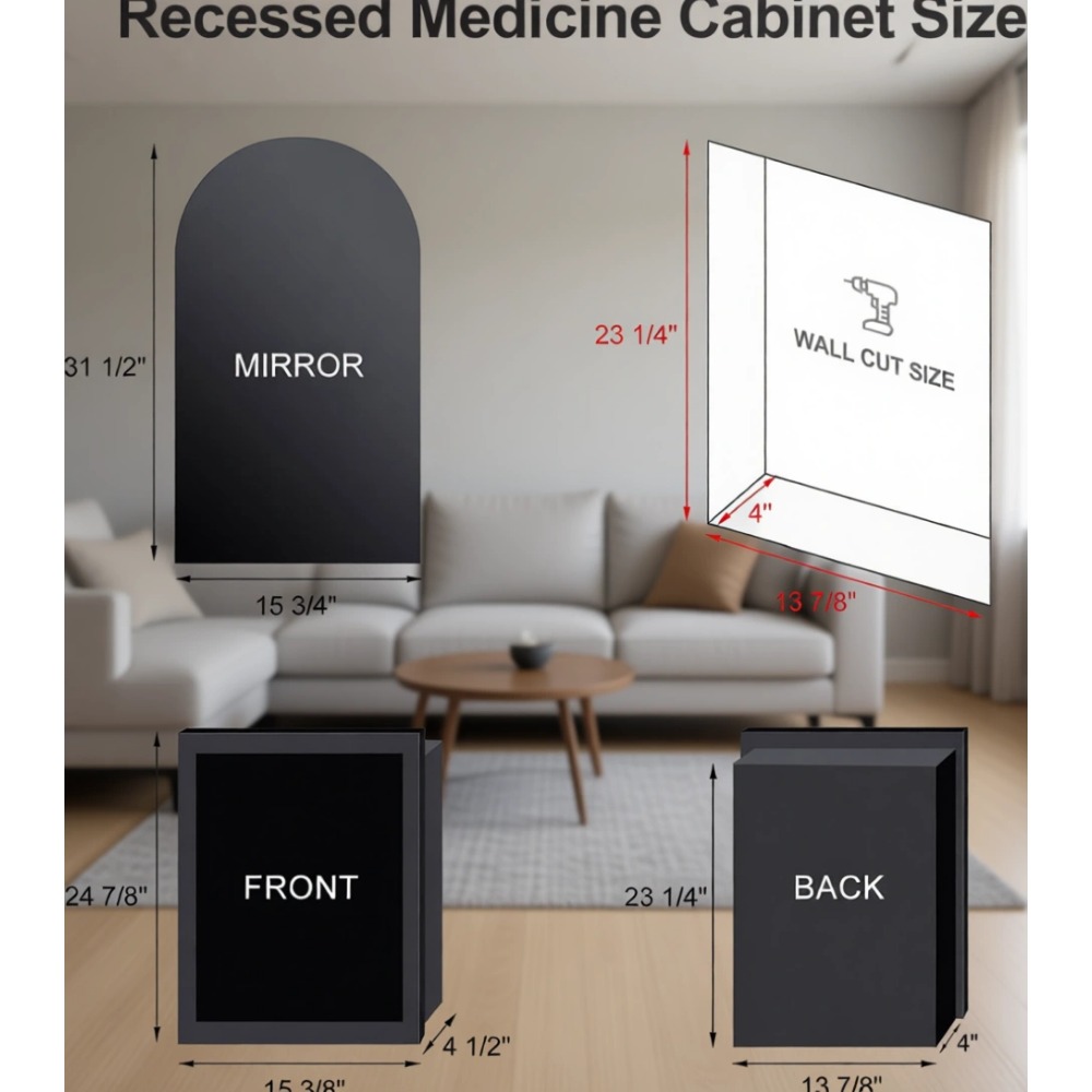 アーチ型埋め込み式薬棚（鏡付き、ガラス棚3枚、浴室壁用） - Bathroom Cabinet Mirror のレビューと価格