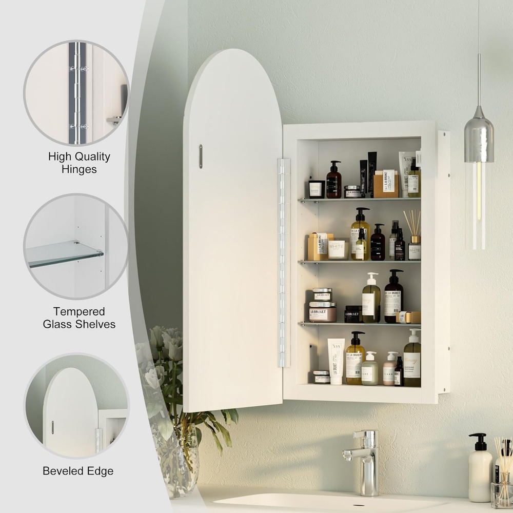 アーチ型埋め込み式薬棚（鏡付き、ガラス棚3枚、浴室壁用） - Bathroom Cabinet Mirror のレビューと価格