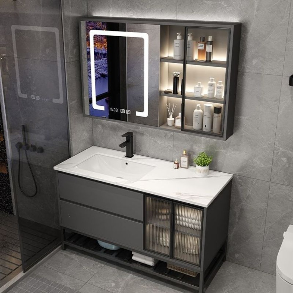 軽量高級石板製浴室キャビネットセット、無垢材洗面台キャビネッ - Bathroom Cabinet Mirror のレビューと価格